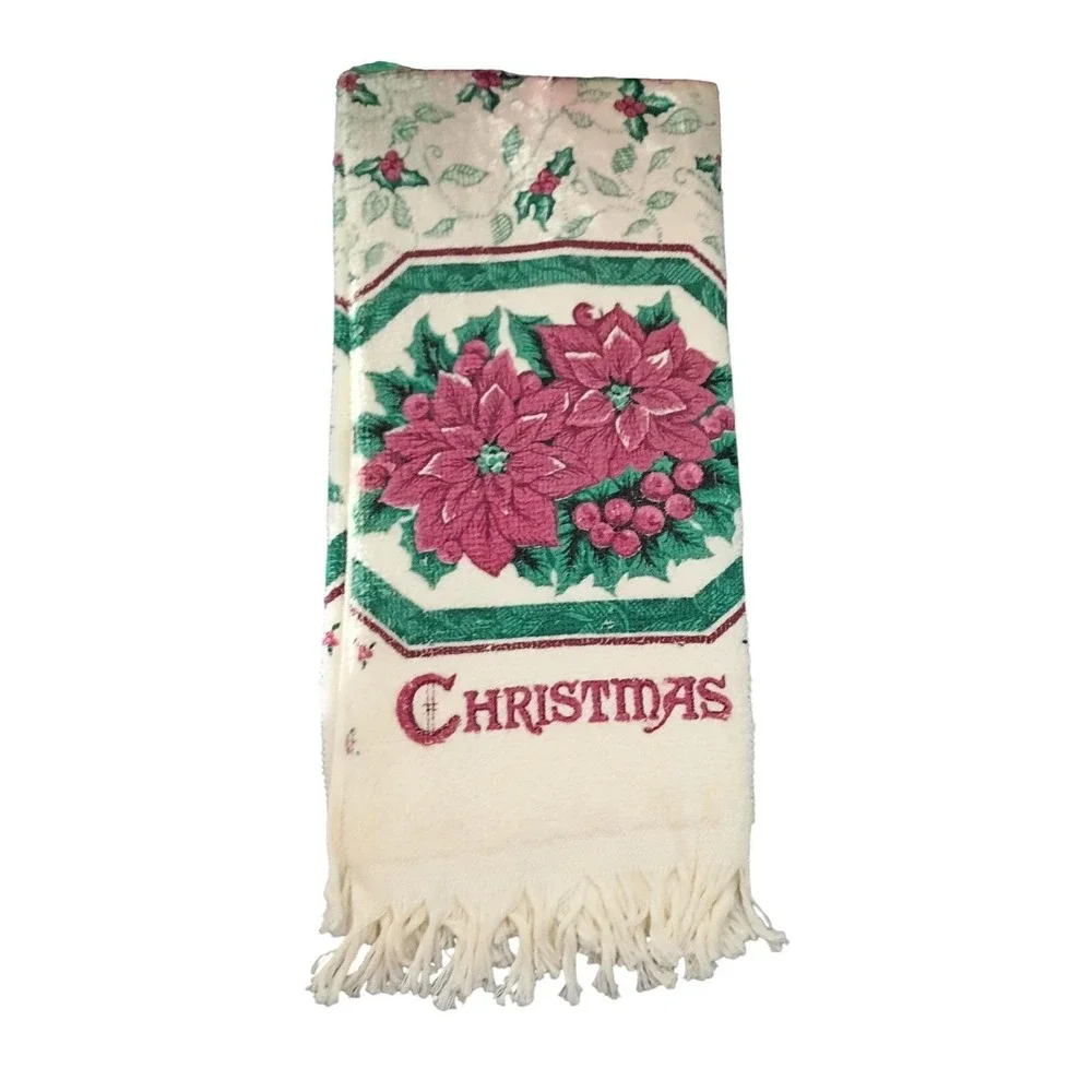 Vintage Franco Christmas Fringed 4 pc Hand‎ Towel Potholder Set Poinsettias
